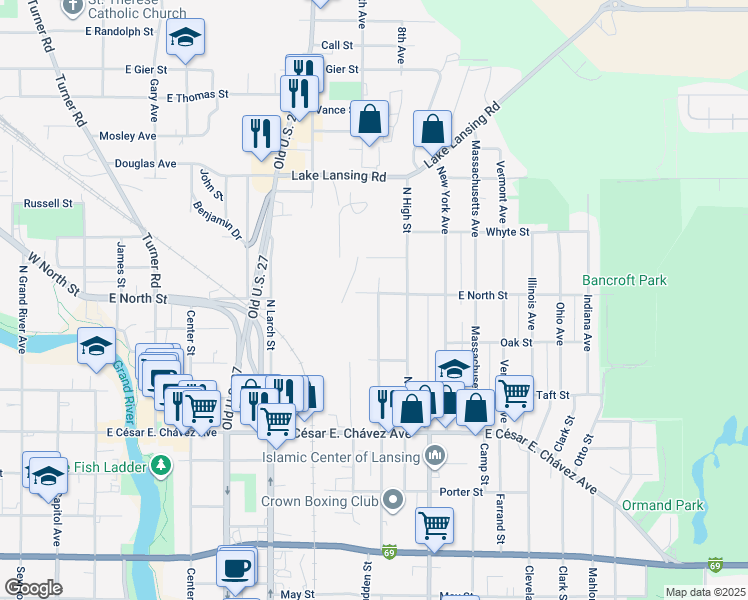 map of restaurants, bars, coffee shops, grocery stores, and more near 1561 Ballard Street in Lansing