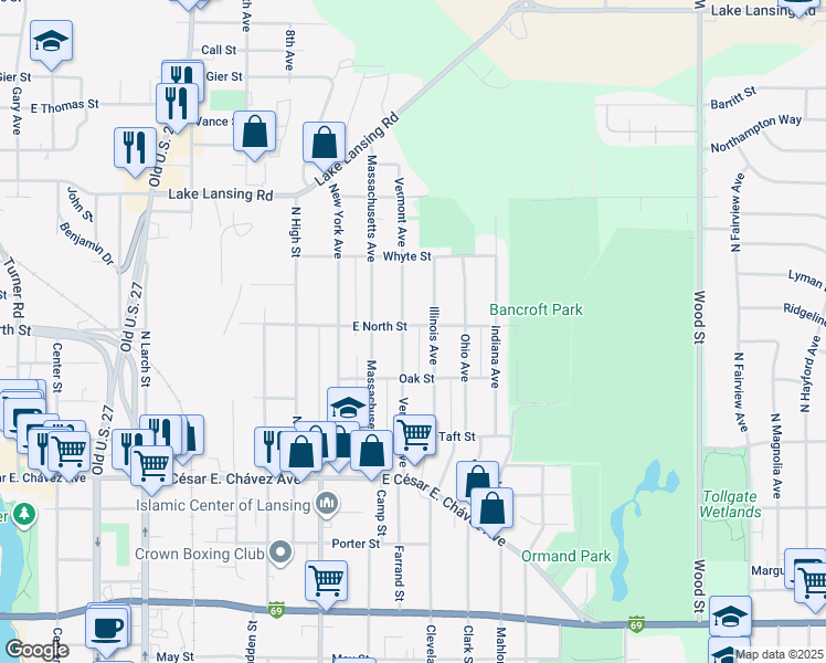map of restaurants, bars, coffee shops, grocery stores, and more near 1540 Vermont Avenue in Lansing