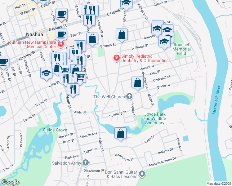 map of restaurants, bars, coffee shops, grocery stores, and more near 43 Allds Street in Nashua