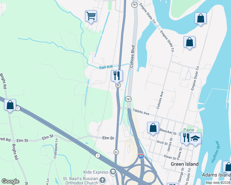 map of restaurants, bars, coffee shops, grocery stores, and more near 110 Cohoes Road in Watervliet