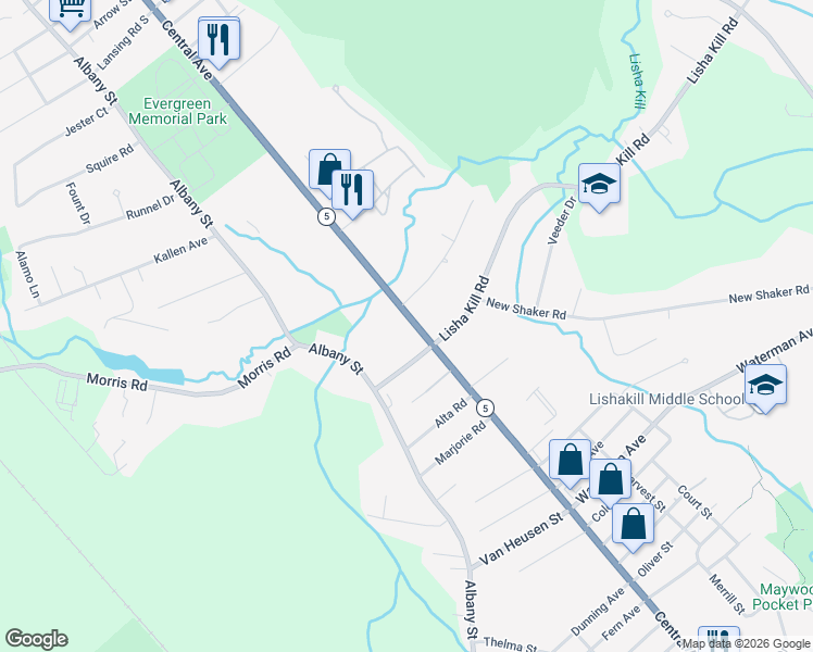 map of restaurants, bars, coffee shops, grocery stores, and more near 2068 Central Avenue in Schenectady