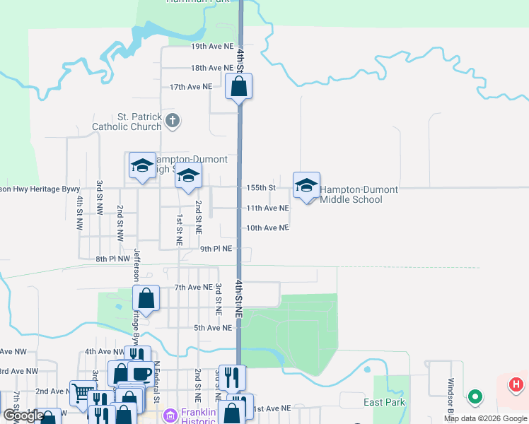 map of restaurants, bars, coffee shops, grocery stores, and more near 429 11th Avenue Northeast in Hampton