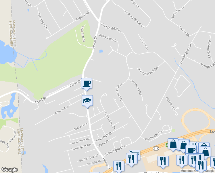 map of restaurants, bars, coffee shops, grocery stores, and more near 10 Tree Top Way in Methuen