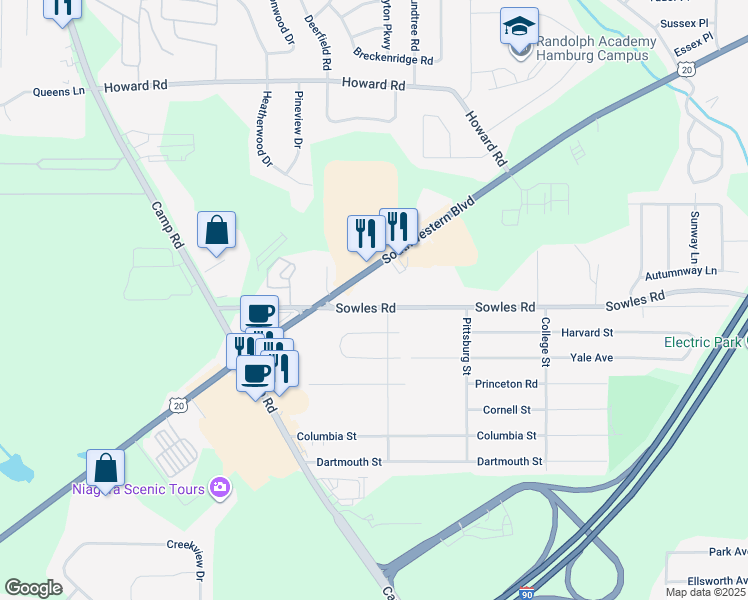map of restaurants, bars, coffee shops, grocery stores, and more near 3662 Sowles Road in Hamburg