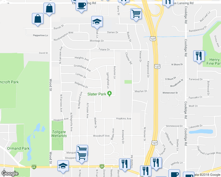 map of restaurants, bars, coffee shops, grocery stores, and more near 1622 Springfield Lane in Lansing