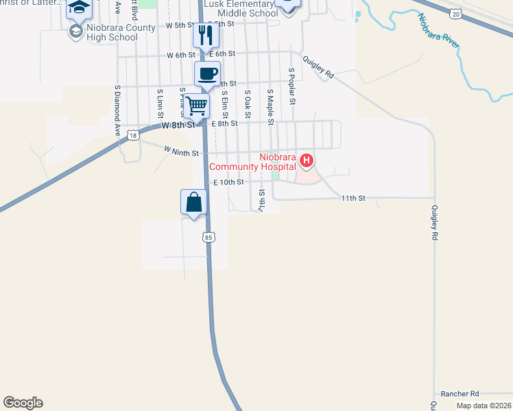 map of restaurants, bars, coffee shops, grocery stores, and more near 11th Street in Lusk