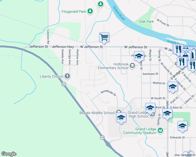 map of restaurants, bars, coffee shops, grocery stores, and more near Hunters Whip Drive in Grand Ledge