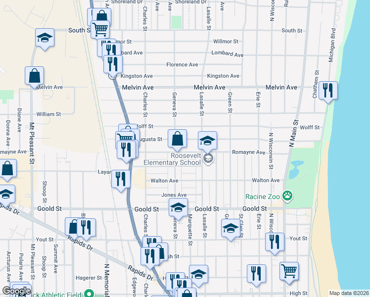 map of restaurants, bars, coffee shops, grocery stores, and more near 1108 Romayne Ave in Racine