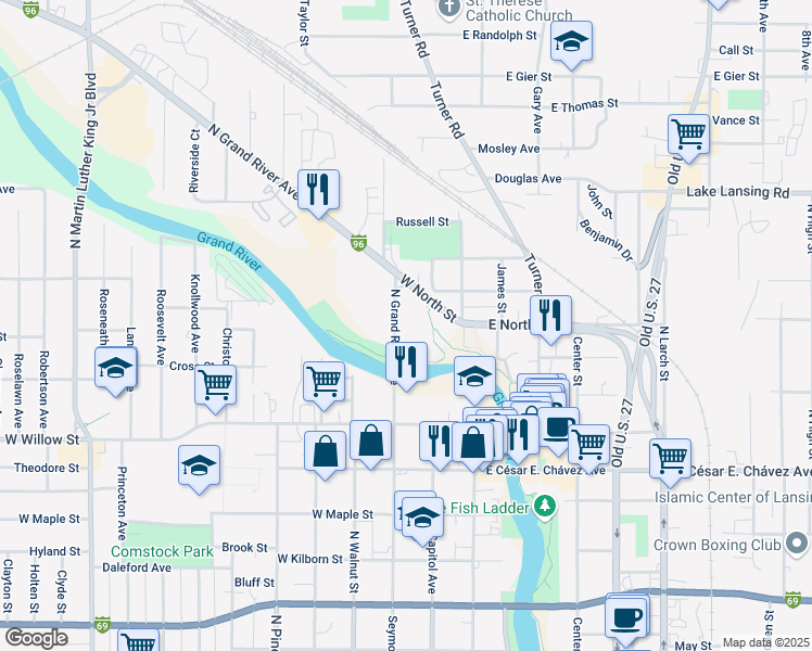 map of restaurants, bars, coffee shops, grocery stores, and more near 1600 North Grand River Avenue in Lansing