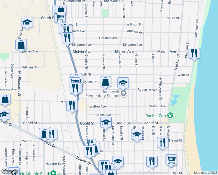 map of restaurants, bars, coffee shops, grocery stores, and more near 1108 Romayne Avenue in Racine
