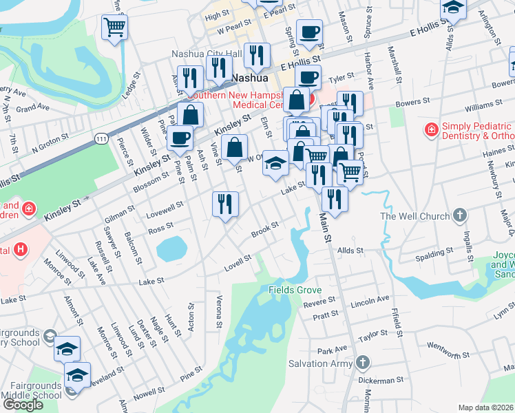 map of restaurants, bars, coffee shops, grocery stores, and more near 4 Hamilton Street in Nashua