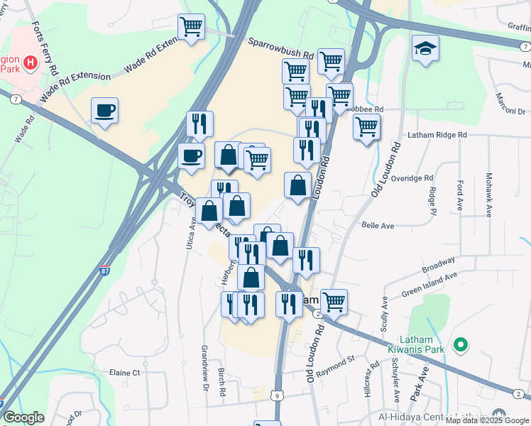 map of restaurants, bars, coffee shops, grocery stores, and more near 10 Sunset Drive in Latham