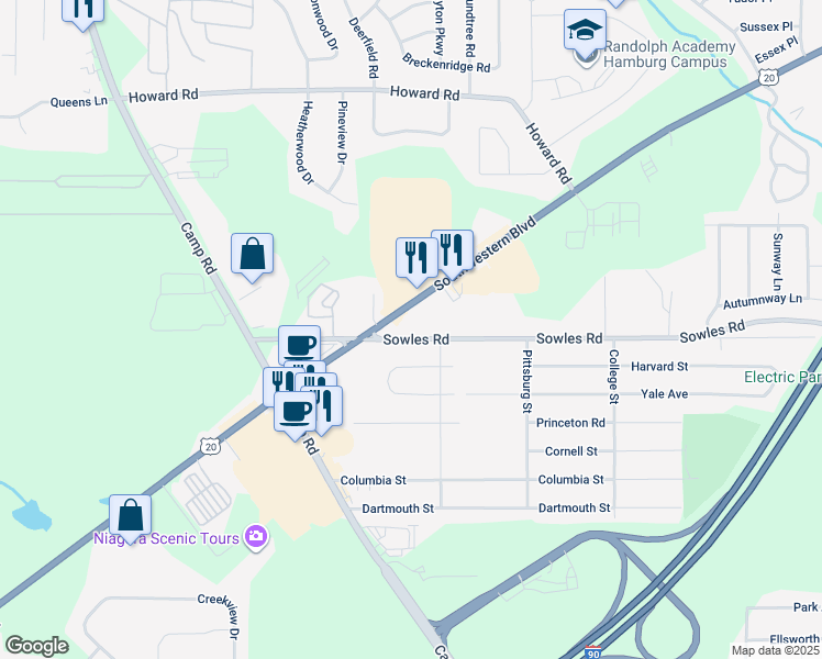 map of restaurants, bars, coffee shops, grocery stores, and more near 3662 Sowles Road in Hamburg