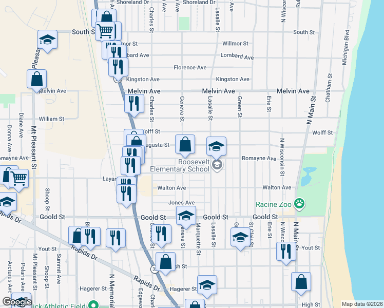 map of restaurants, bars, coffee shops, grocery stores, and more near 1108 Romayne Avenue in Racine