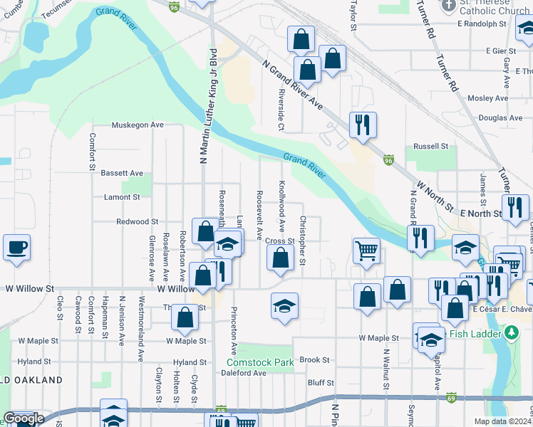map of restaurants, bars, coffee shops, grocery stores, and more near 1438 Roosevelt Avenue in Lansing