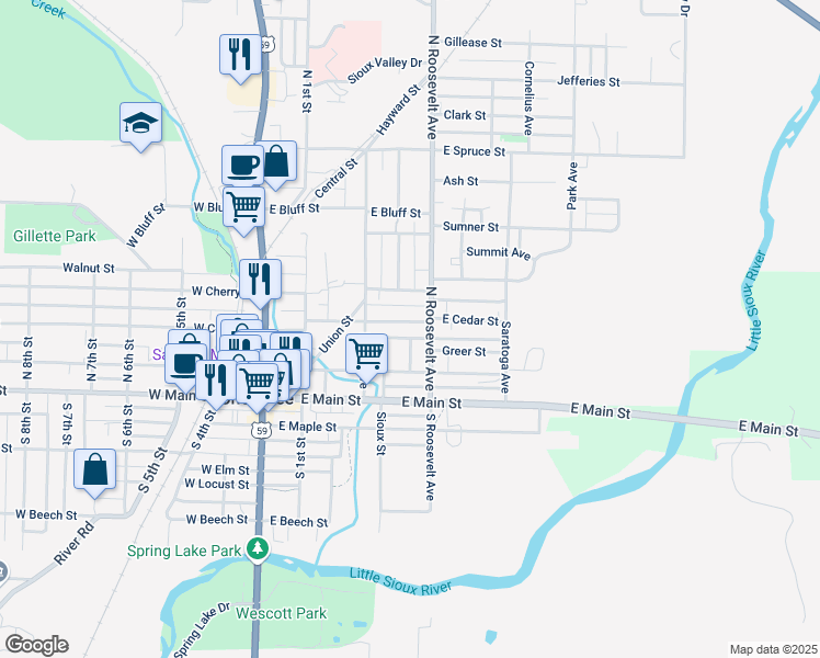 map of restaurants, bars, coffee shops, grocery stores, and more near 345 East Cedar Street in Cherokee