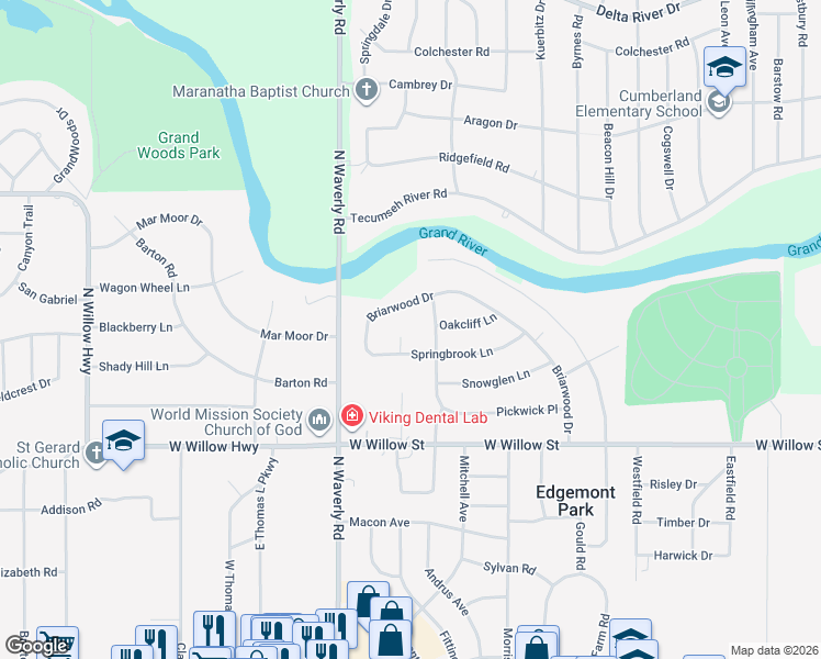 map of restaurants, bars, coffee shops, grocery stores, and more near 1914 Keegan Court in Lansing
