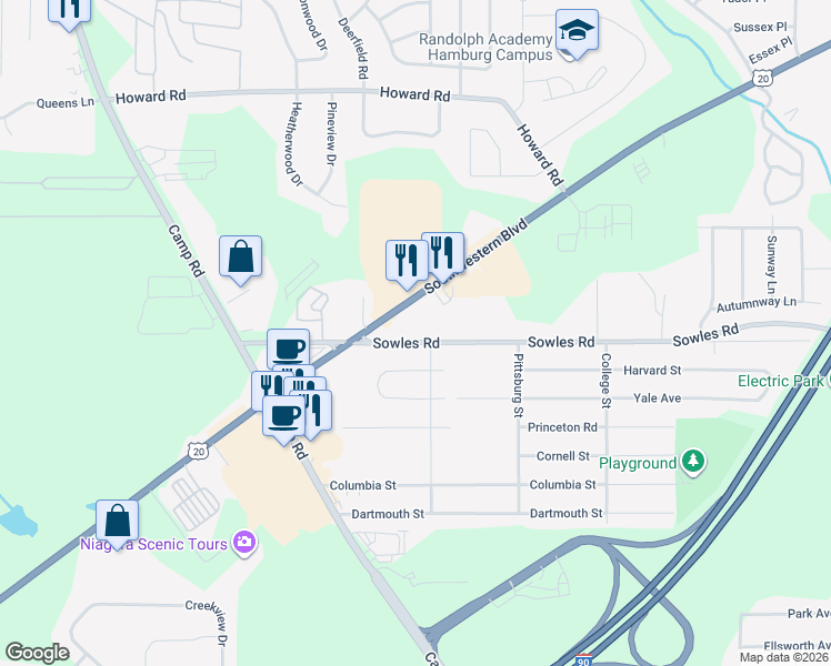 map of restaurants, bars, coffee shops, grocery stores, and more near 3662 Sowles Road in Hamburg