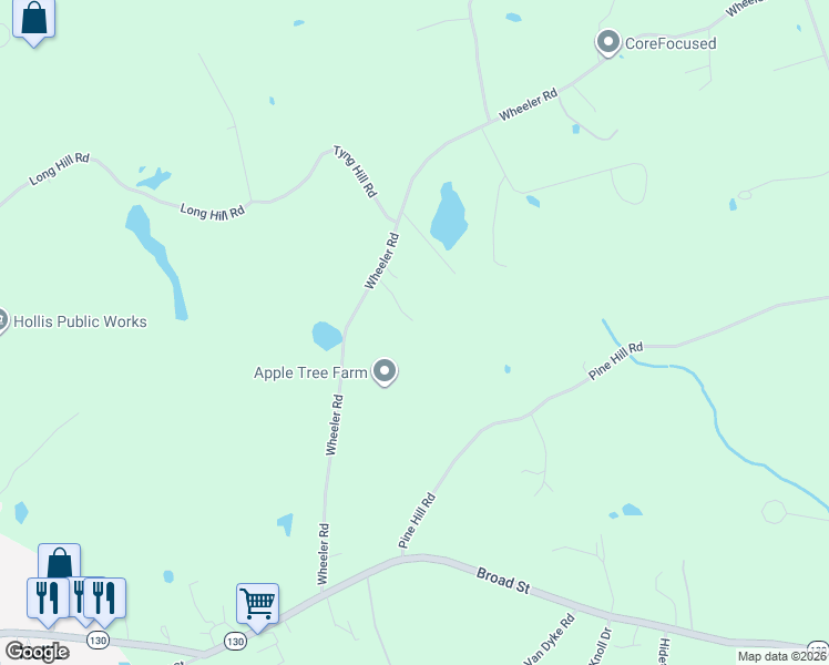 map of restaurants, bars, coffee shops, grocery stores, and more near 69 Wheeler Road in Hollis