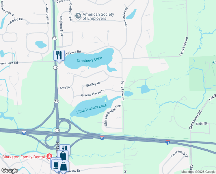 map of restaurants, bars, coffee shops, grocery stores, and more near 6566 Greene Haven Drive in Village of Clarkston