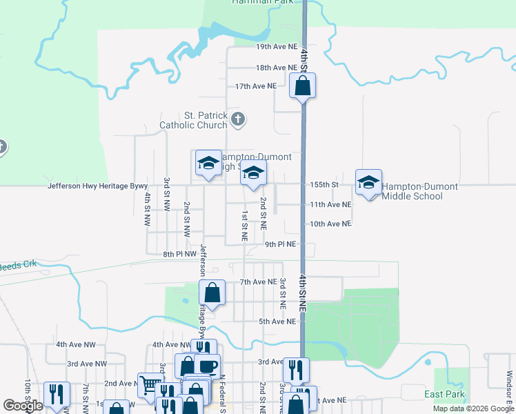map of restaurants, bars, coffee shops, grocery stores, and more near 1015 1st Street Northeast in Hampton