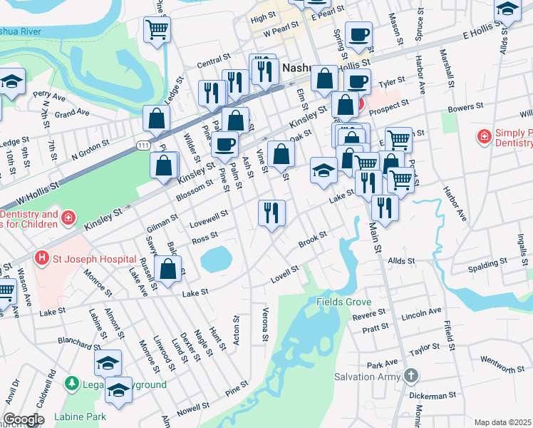map of restaurants, bars, coffee shops, grocery stores, and more near 114 1/2 Ash Street in Nashua