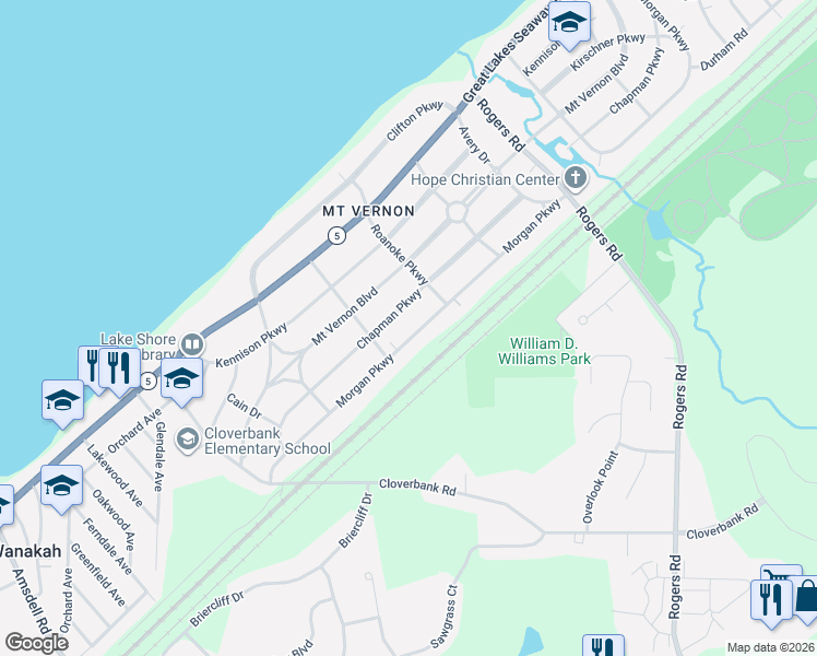 map of restaurants, bars, coffee shops, grocery stores, and more near 4977 Morgan Parkway in Hamburg