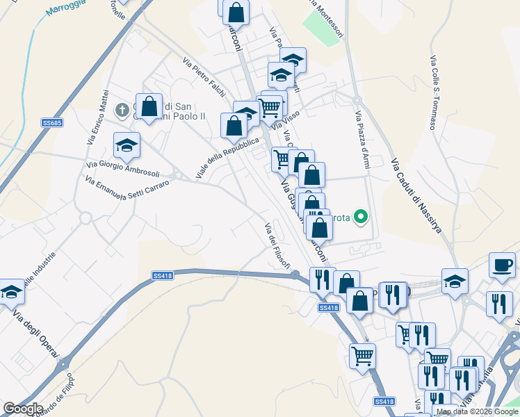 map of restaurants, bars, coffee shops, grocery stores, and more near 32 Via dei Filosofi in Spoleto