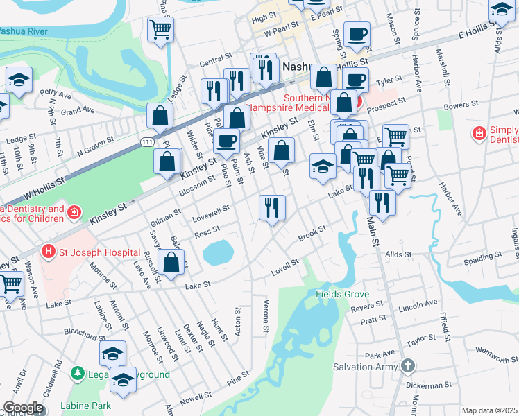 map of restaurants, bars, coffee shops, grocery stores, and more near 114 1/2 Ash Street in Nashua