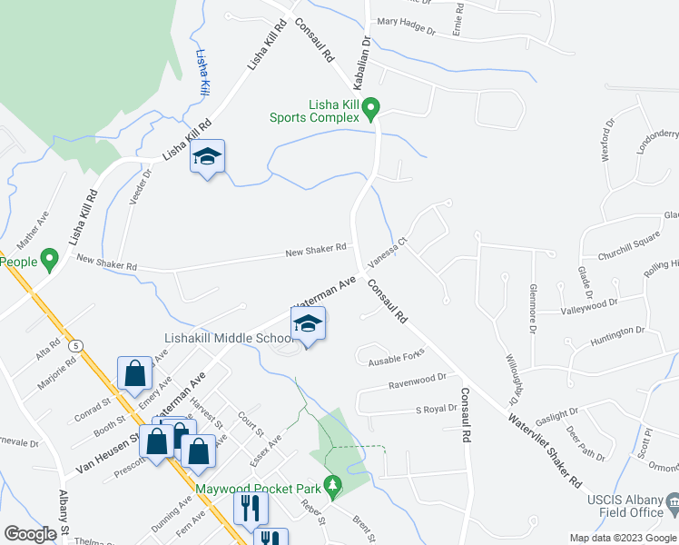map of restaurants, bars, coffee shops, grocery stores, and more near 99 Waterman Avenue in Albany