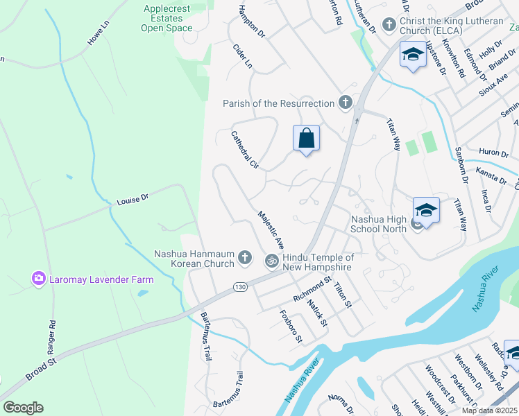 map of restaurants, bars, coffee shops, grocery stores, and more near 25 Majestic Avenue in Nashua