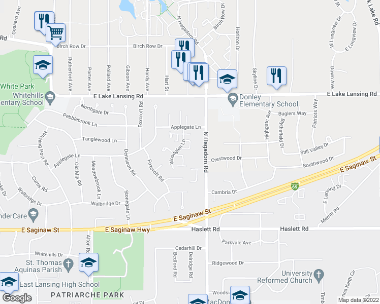 map of restaurants, bars, coffee shops, grocery stores, and more near 1318 Glenhurst Lane in East Lansing