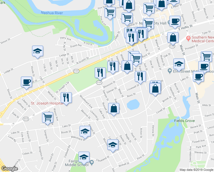 map of restaurants, bars, coffee shops, grocery stores, and more near 68 Blossom Street in Nashua