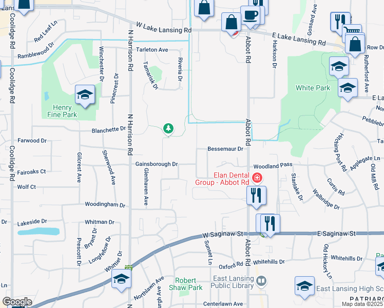 map of restaurants, bars, coffee shops, grocery stores, and more near 410 Gainsborough Drive in East Lansing