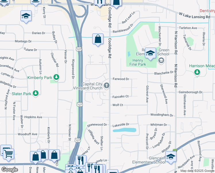map of restaurants, bars, coffee shops, grocery stores, and more near 1641 Coolidge Road in East Lansing