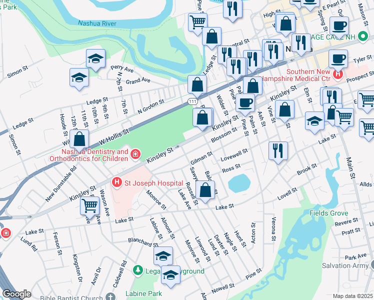 map of restaurants, bars, coffee shops, grocery stores, and more near 75 Blossom Street in Nashua