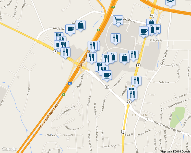 map of restaurants, bars, coffee shops, grocery stores, and more near Troy Schenectady Road in Latham