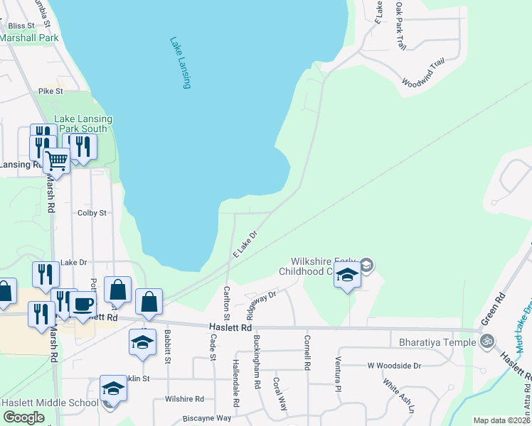 map of restaurants, bars, coffee shops, grocery stores, and more near 1321 Hickory Island Street in Meridian charter Township