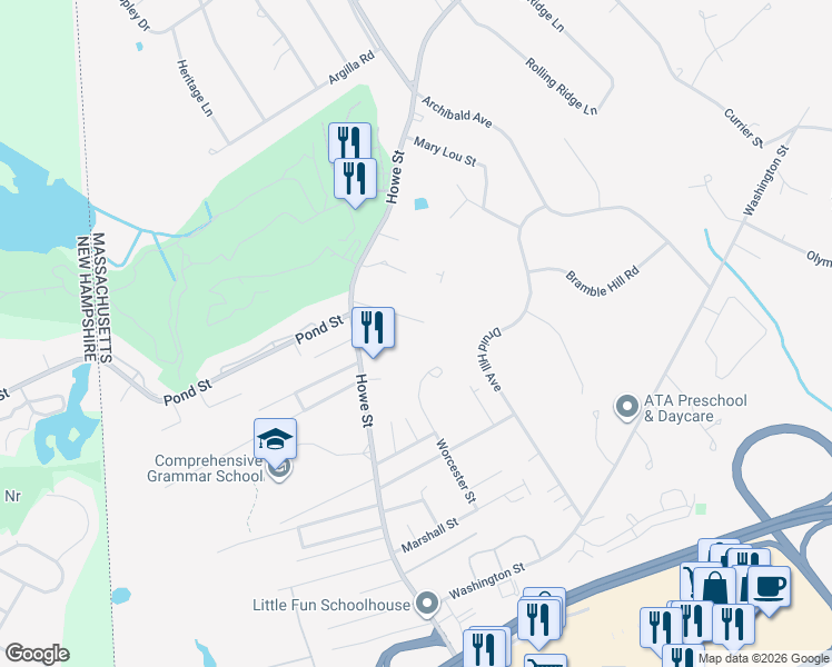 map of restaurants, bars, coffee shops, grocery stores, and more near 5 Tree Top Way in Methuen