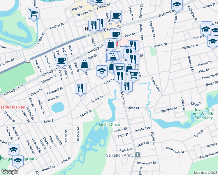 map of restaurants, bars, coffee shops, grocery stores, and more near 11 Fulton Street in Nashua