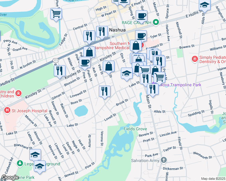 map of restaurants, bars, coffee shops, grocery stores, and more near 39 Lake Street in Nashua