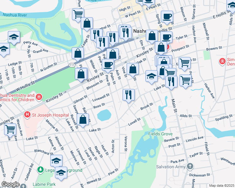 map of restaurants, bars, coffee shops, grocery stores, and more near 142 Pine Street in Nashua