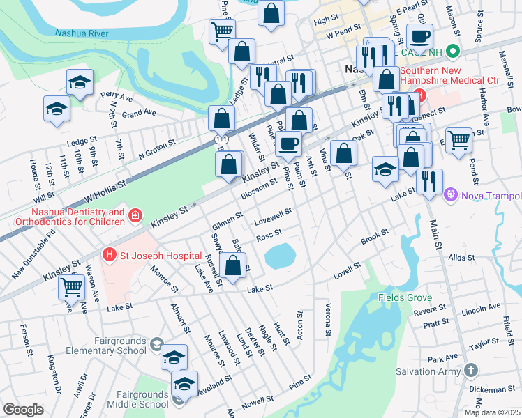 map of restaurants, bars, coffee shops, grocery stores, and more near 44 Gilman Street in Nashua