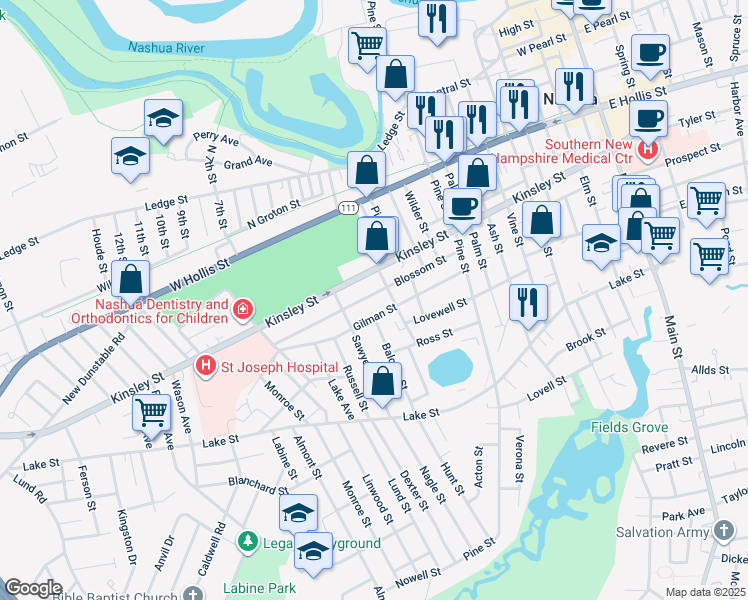 map of restaurants, bars, coffee shops, grocery stores, and more near 47 1/2 Gilman Street in Nashua