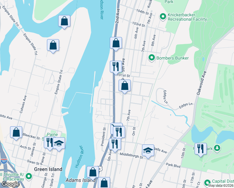 map of restaurants, bars, coffee shops, grocery stores, and more near 3275 6th Avenue in Troy