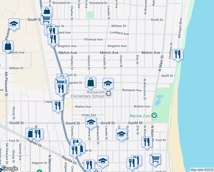 map of restaurants, bars, coffee shops, grocery stores, and more near in Racine