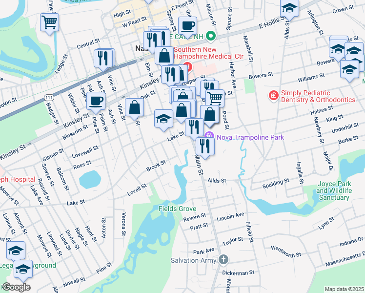 map of restaurants, bars, coffee shops, grocery stores, and more near 14 Bridle Path in Nashua