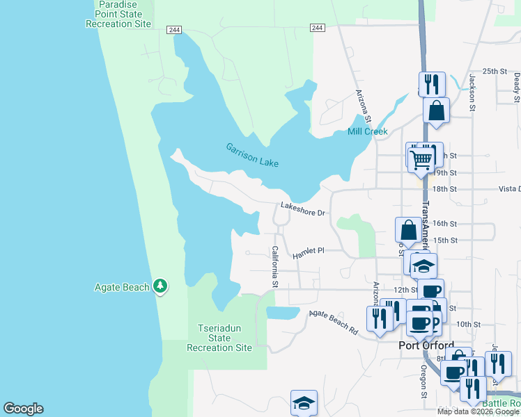 map of restaurants, bars, coffee shops, grocery stores, and more near 1075 Lakeshore Drive in Port Orford