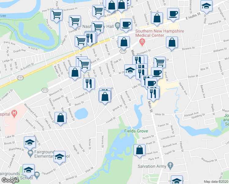 map of restaurants, bars, coffee shops, grocery stores, and more near 135 Chestnut Street in Nashua