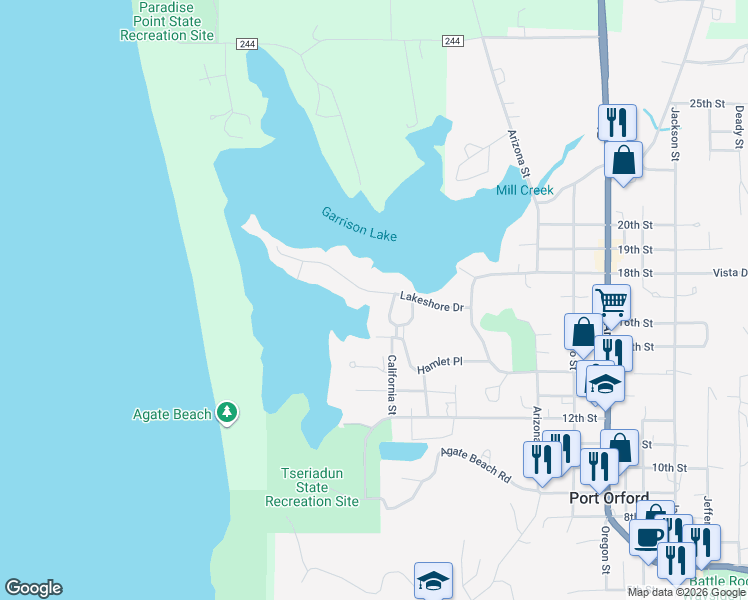 map of restaurants, bars, coffee shops, grocery stores, and more near 1075 Lakeshore Drive in Port Orford